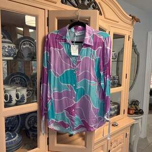 Bognar Blu Abstract Floral Printed Viscose Button Down Blouse with Tie Cuffs